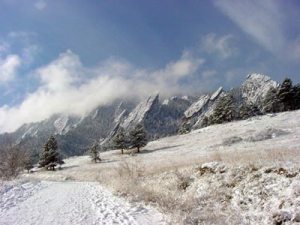 Flatirons in Boulder with snow